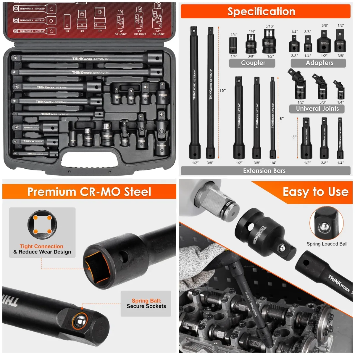

18 Pieces Impact Swivel Socket Adapter Set, 1/4', 3/8', 1/2' Ratchet Socket Extension Set for Wrench