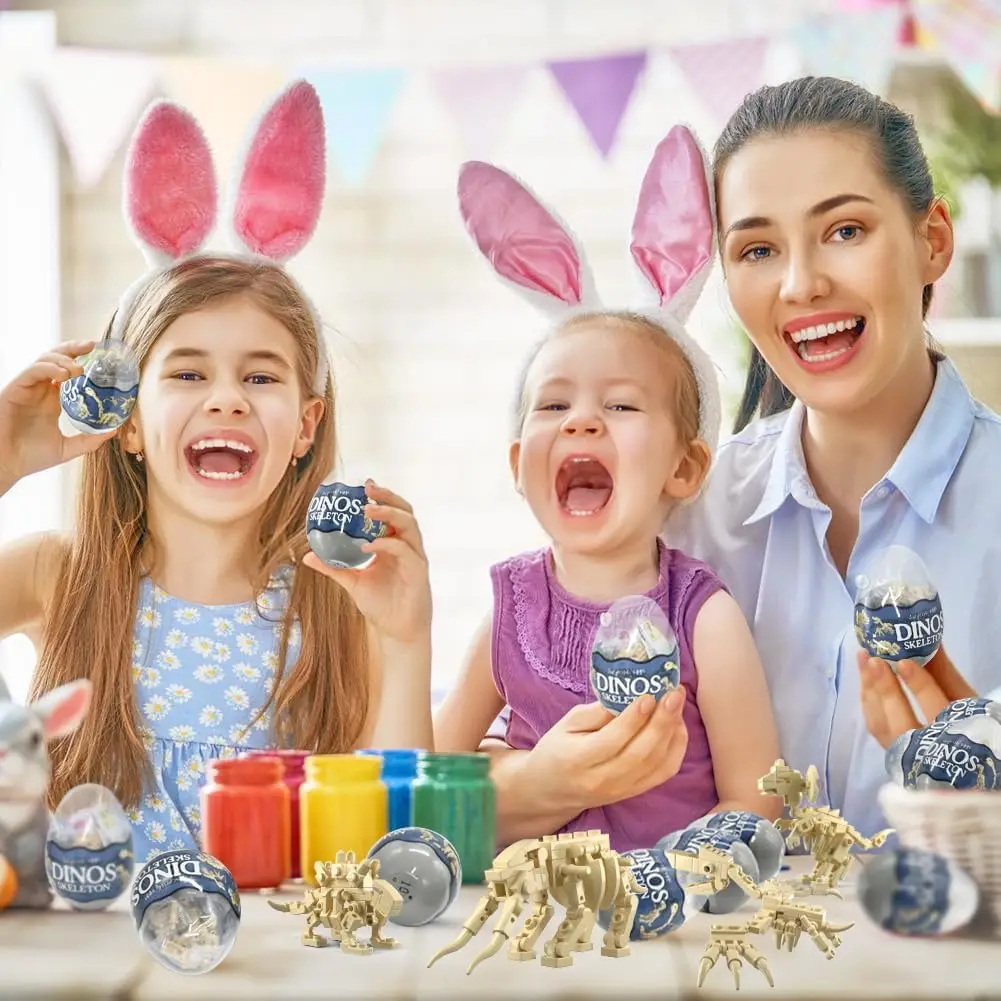 12pçs ovos de páscoa pré-preenchidos com blocos de construção de dinossauros, brinquedos de dinossauros 12 em 1 para crianças, enchimentos de cesta de páscoa