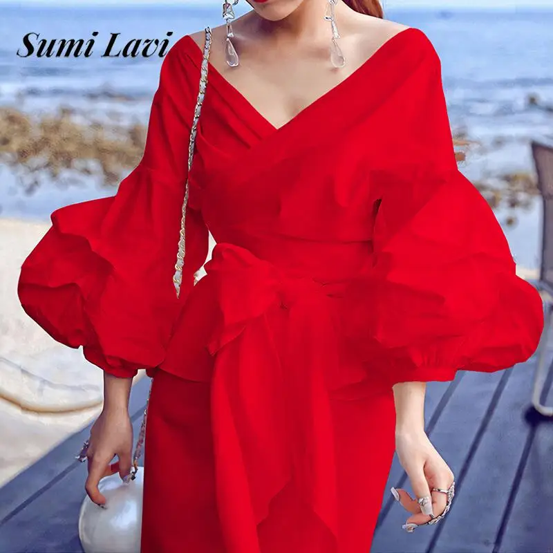 

2025 Women Casual Puff Sleeve Solid Color Shirt Summer Fashion Lace-up Waist Loose Blouses Spring Elegant V-neck Commuting Tops