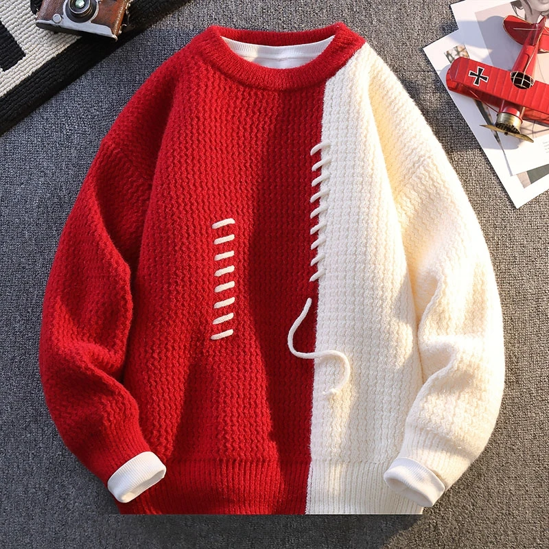 Men's Autumn Winter Long Sleeves Knit Sweater Round Neck Personality Splice Wearing Rope Best Seller Pullover Trend Fashion Tops