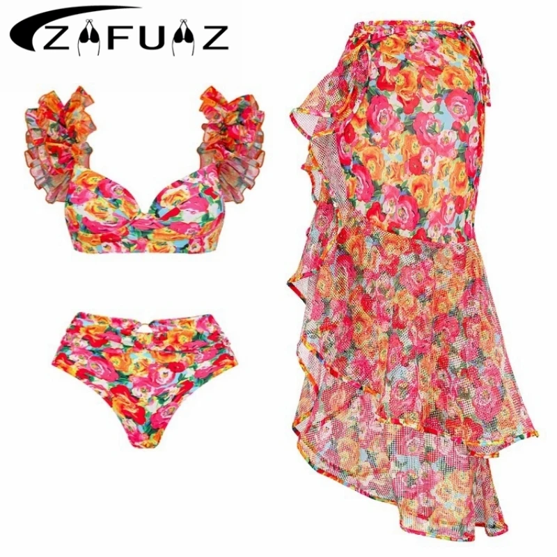 ZAFUAZ 2024 One Piece Swimsuit Floral Ruffle Printed Push Up Women Bikini Set Swimwear Slimming Bathing Suit Beach Wear Bodysuit