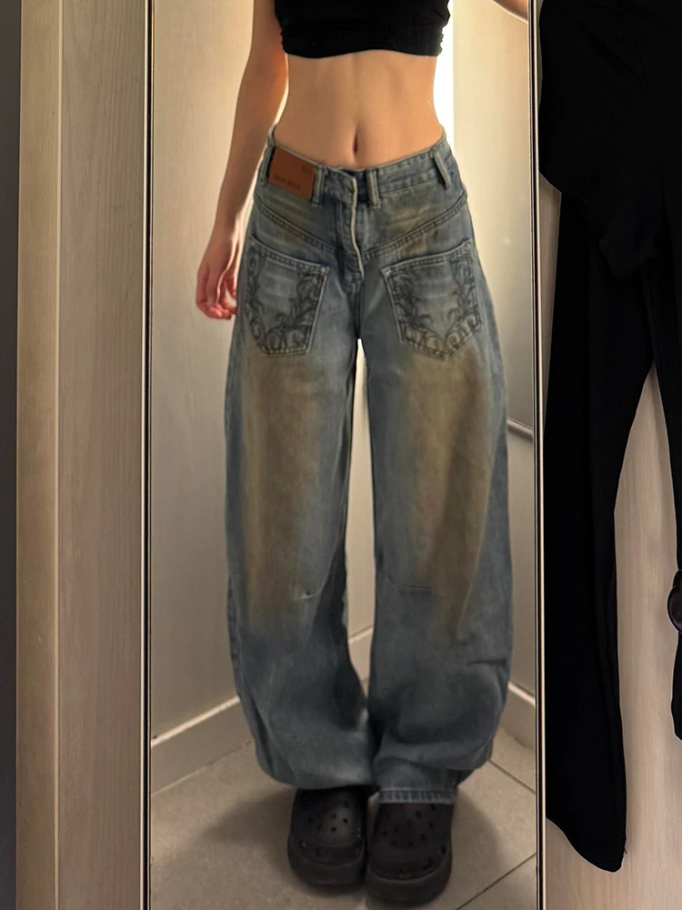 

Waed out High Street American Sle Distred Denim Jeans Women's Sexy Design Sense Embroidery Floor-Length Pants