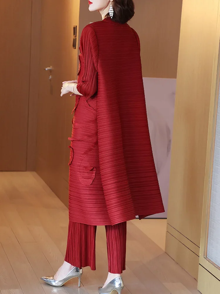 Miyake Fashion Pleated 2 Pieces Set Women Stand Long Dresses High Waist Pants Solid Color Sets 2023 Autumn New Clothing