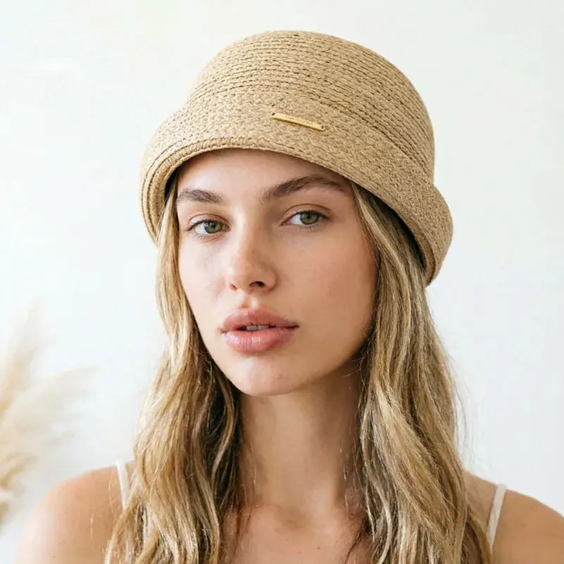 100% Raffia Handmade Curled Edge Fedora Summer Beach Cap Vintage Women Landlord Cap Beanie Streetwear Dome Hat Hip Hop Beret Hat