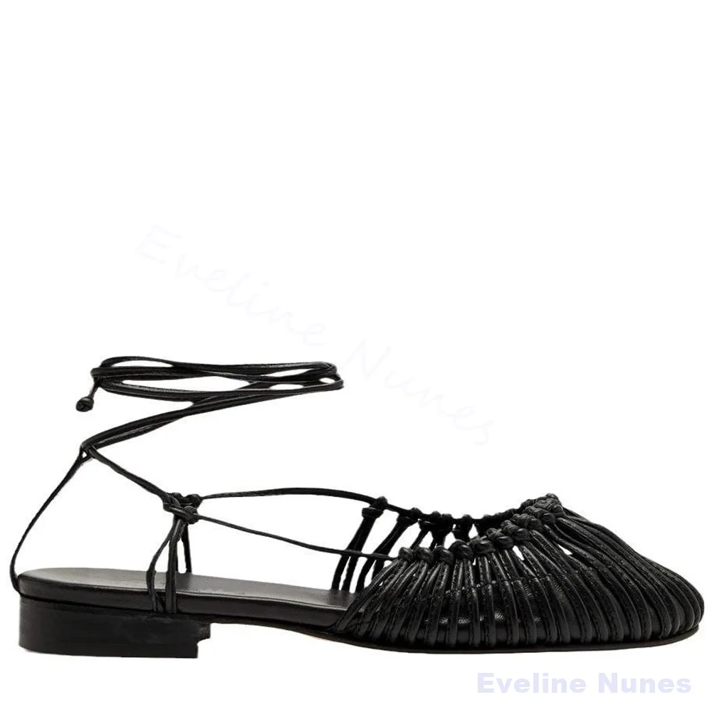 Niche Heavy Duty Hand Woven Sandals Women Retro Black Leather Wrap-around Strap Sandals 2026 Summer Brown Closed Toe Sandals.