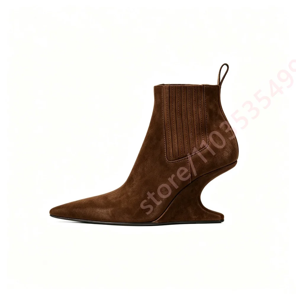 Women's Pointed Toe Ankle Boots Unique Sculptural Wavy Heel Boots Elastic Slip On Boots Fashion Runway Evening Party Dress Boots