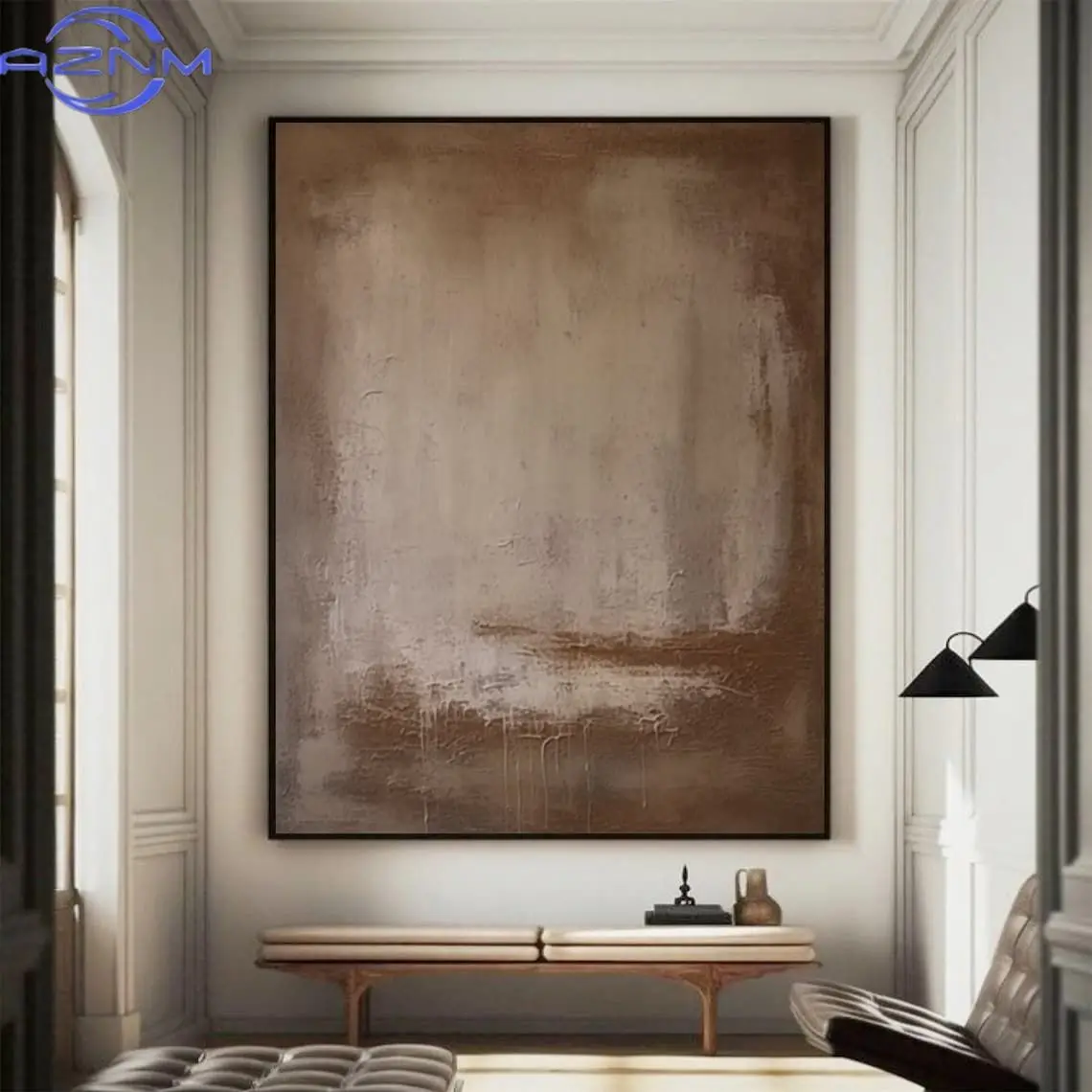 AZNM Brown Abstract Hand Painted Textured Painting Wabi Sabi Wall Art Gray Brown Minimalist Textured Canvas Boho Medieval Wall D