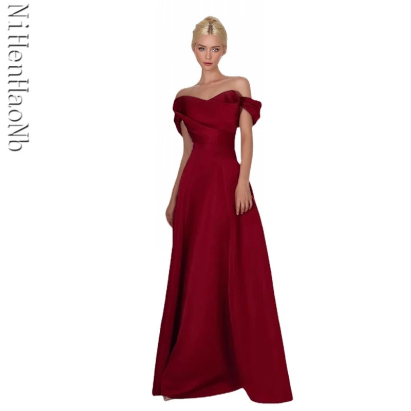 Red Satin Quinceanera Dresses Women Boat Neck Off The Shoulder Evening Dresses Elegant  A-Line Cocktail Gown