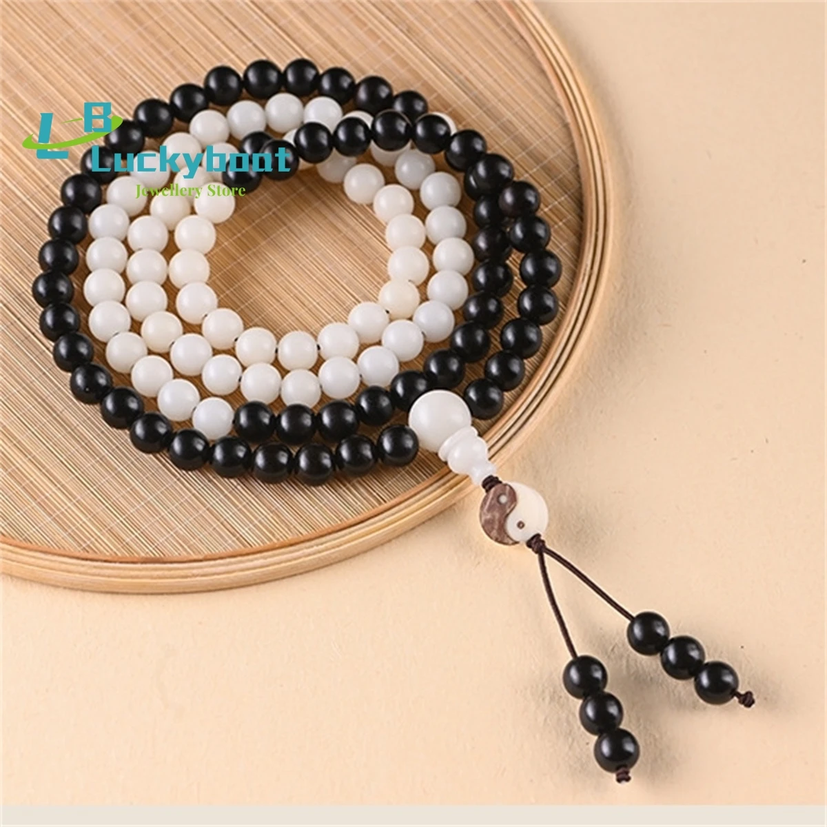 Natural White Bodhi Black Sandalwood Taoist Buddha Beads 108 Yin Yang Tai Chi Eight Trigrams Multi Loop Bracelet Simple Personal