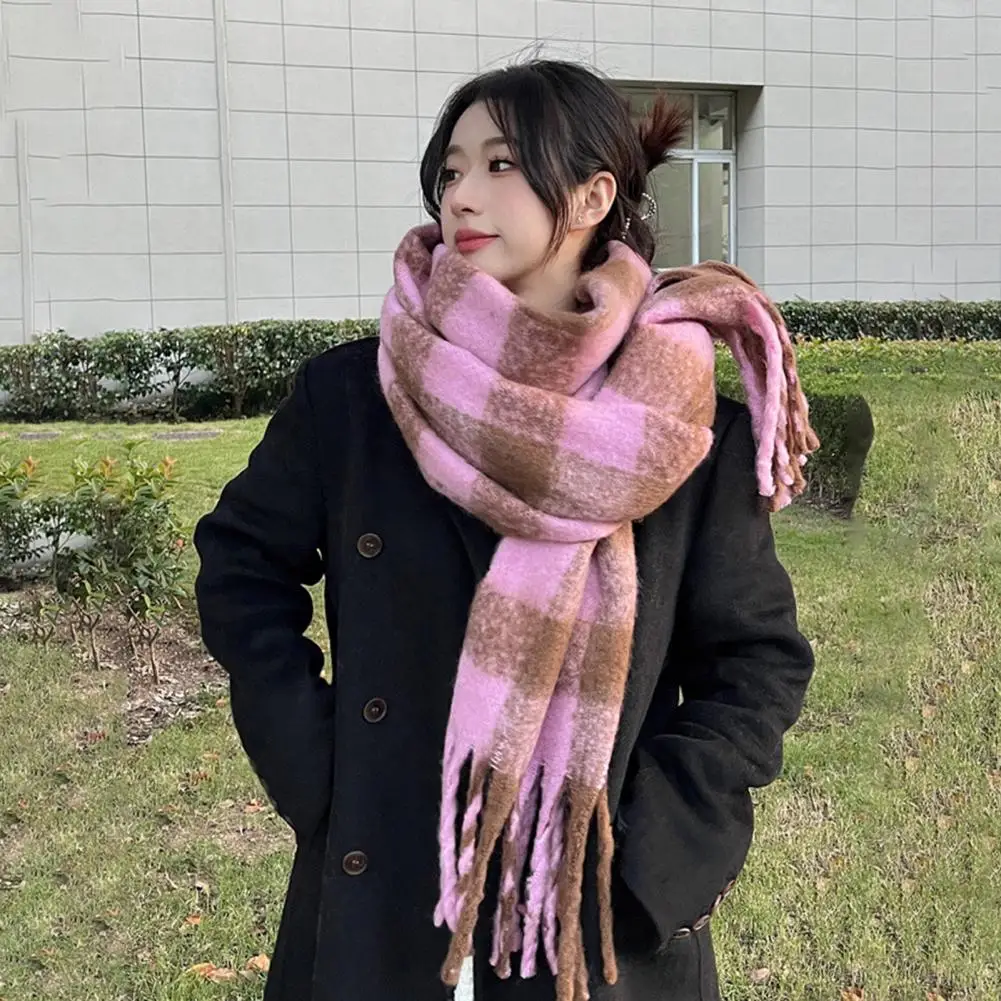 

240cm Women Scarf Plaid Print Thickened Warm Long Shawl With Tassel Trim Versatile Winter Blanket Wrap Cold Weather Thick Scarf
