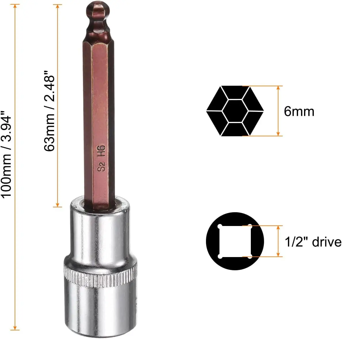 6mm ボールエンド六角ビット 1/2インチ角ドライブソケットセット S2 & CR-V スチールビット