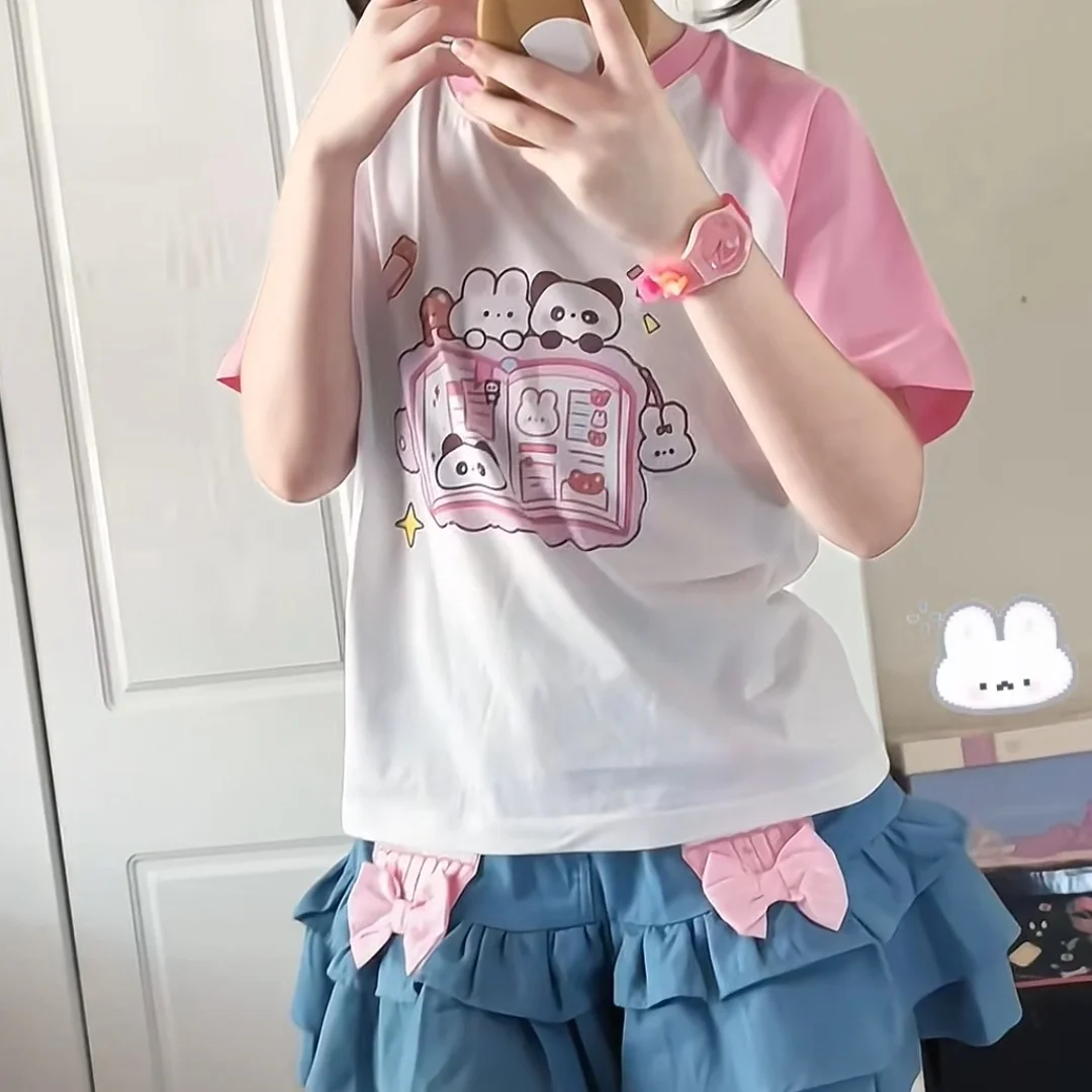 Cute Rabbit Bear Diary Cartoon Pink oulder Insert Top for Girls Student Sweet Soft Girl Versatile T-irt Summer Children's...