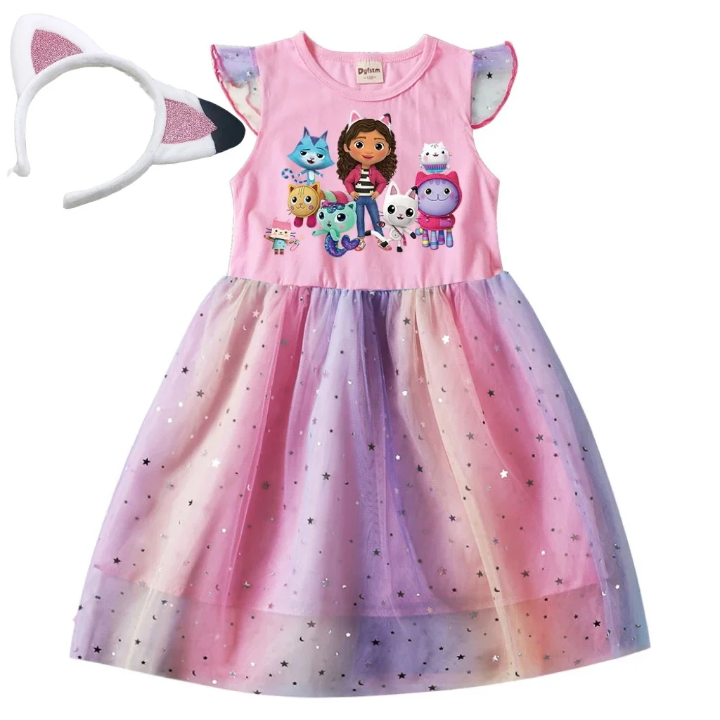 Girl Dress Children\'s Cartoon Mesh Star Princess Dress Kids Flying Sleeve Skirt + headwear 2pcs