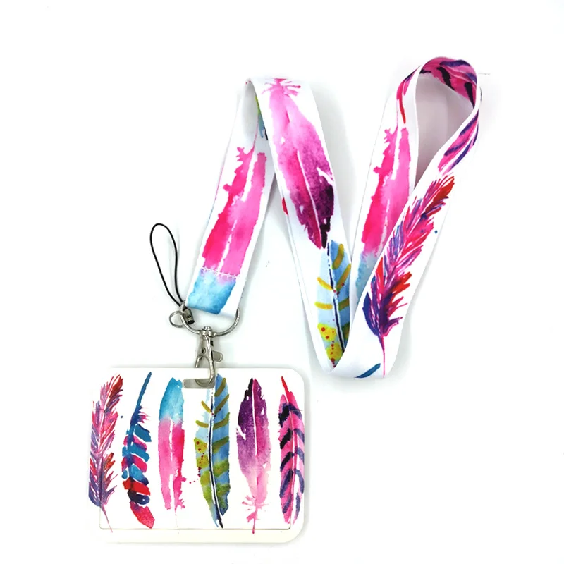 Pink Feathers Color Leaves Creative Lanyard Card Holder Student Hanging Neck Phone Lanyard Badge Subway Access Card Holder