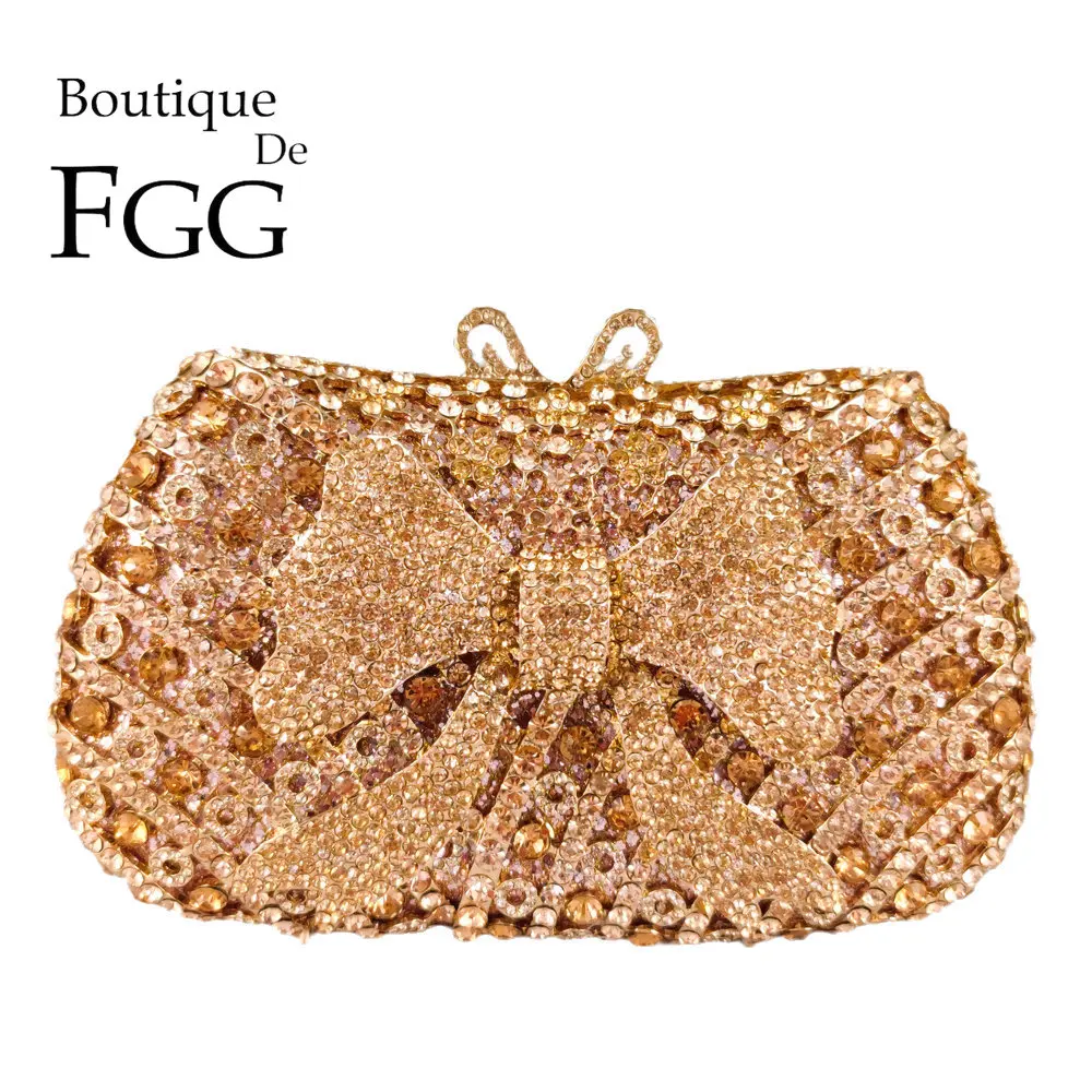 

Boutique De FGG Novelty Rosegold Bow Clutch Women Crystal Evening Bags Wedding Bridal Rhinestone Handbags Party Dinner Purses