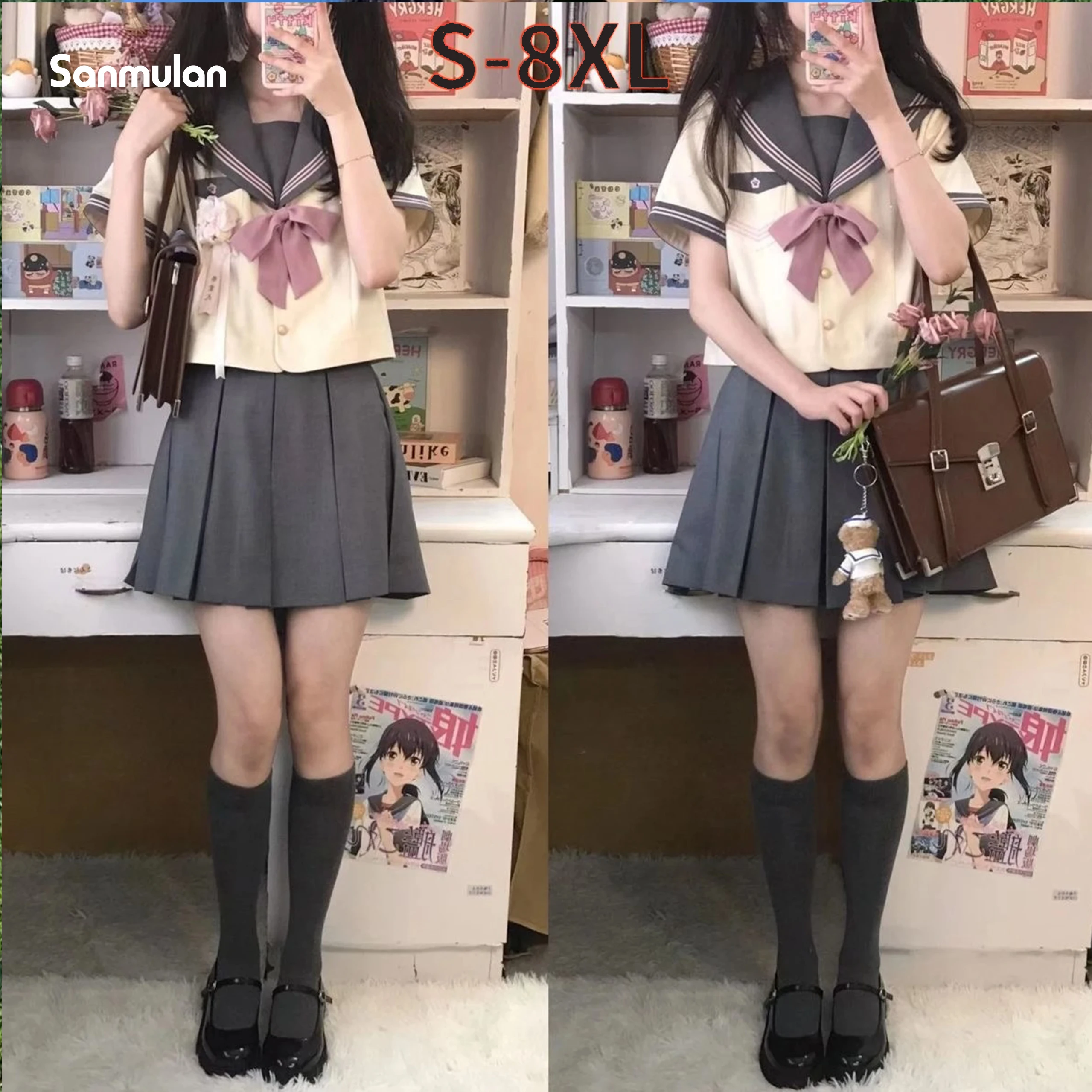 女性の日本の制服,プラスサイズのjk制服,プリーツスカートスーツ,学生セーラースーツ,半袖,S-8XL