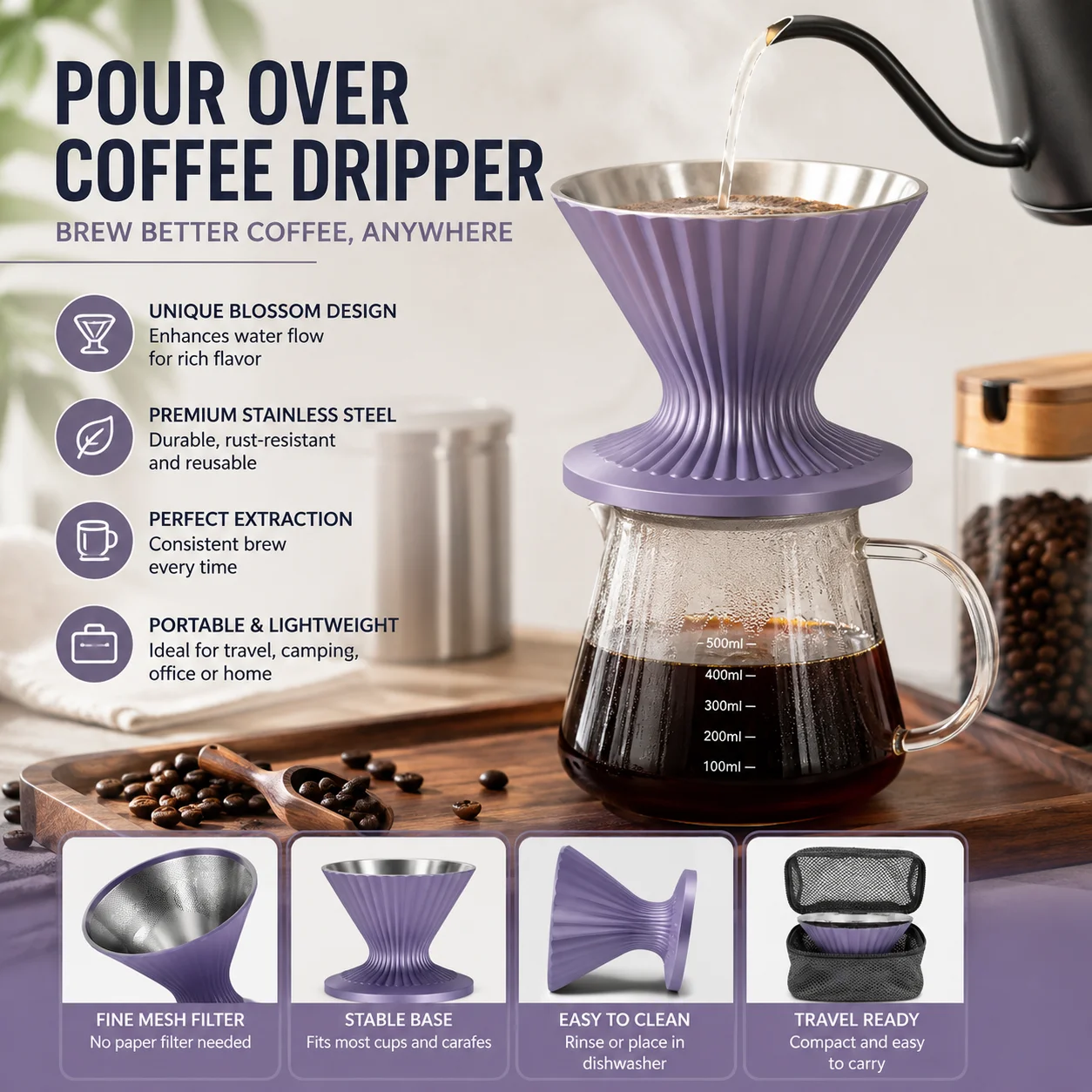 Pour Over Coffee Dripper Resuable Blossom Cone Funnel Stainless Steel Metal Coffee Filter for Travel,Camping,Office, Home