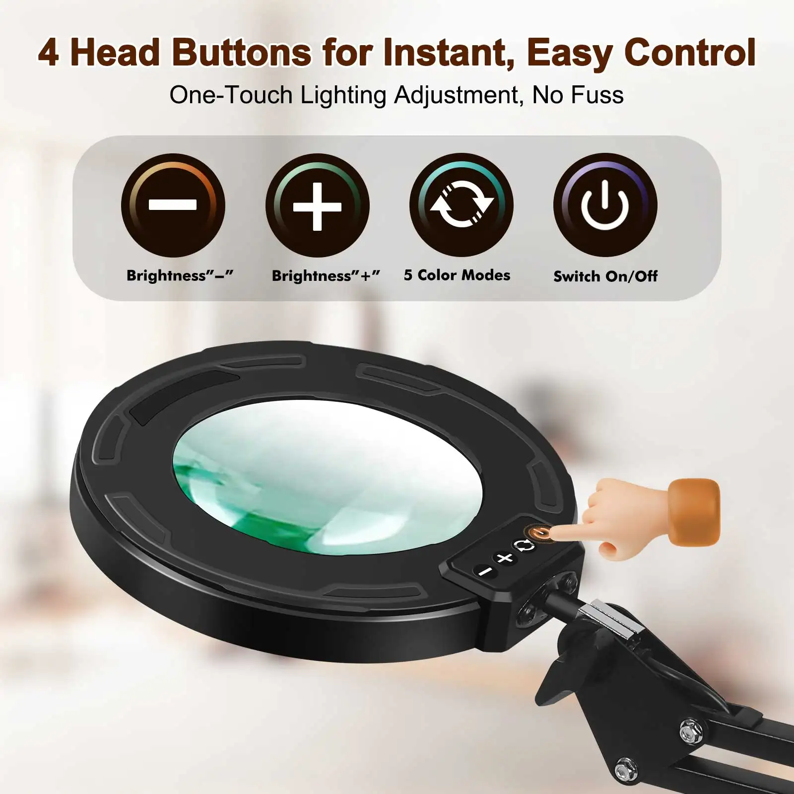 スイベルアーム付き拡大鏡ランプ、デスク拡大鏡、無段階および調光可能、本物のガラスレンズ、5色モード、146 LED、110mm、5x