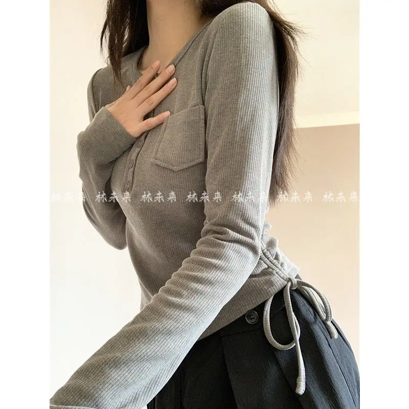Pure Desire Wind Sweet Spicy Round Neck Button Drawstring Long Sleeve Small Pocket T-shirt Autumn/Winter Base Shirt Elastic Top