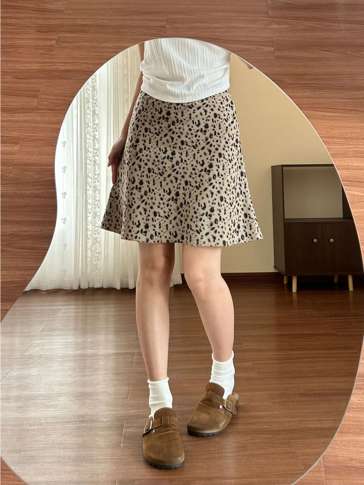plus Size Women's Brown Leopard Print A-Line  Skirt High Waist Fish Tail Design Skin-friendly Breathable Autumn New Style
