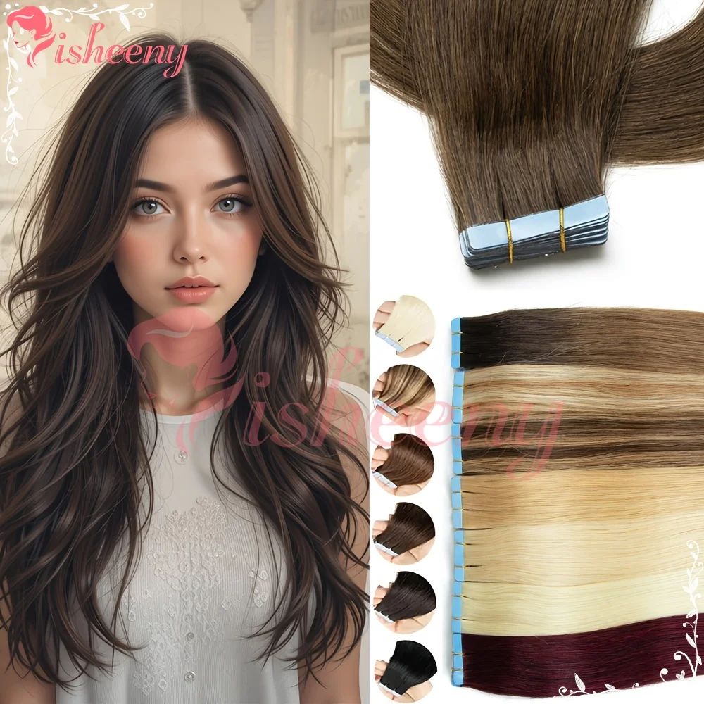 Isheeny Straight Tape In Hair Extensions Real Human Hair Invisible Seamless Adhesive Skin Weft Pre Taped Design Easy Apply Reusable For Thin Hair Women Daily Styling