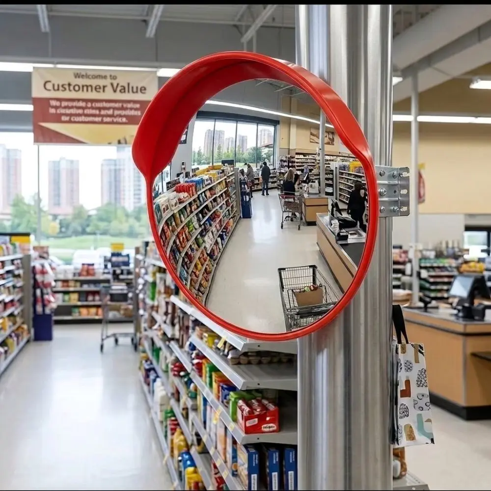 Safety Round Shape Convex Mirror Outdoor Red Driveway Mirror Pole Mountable Corner Mirror Parking Lot