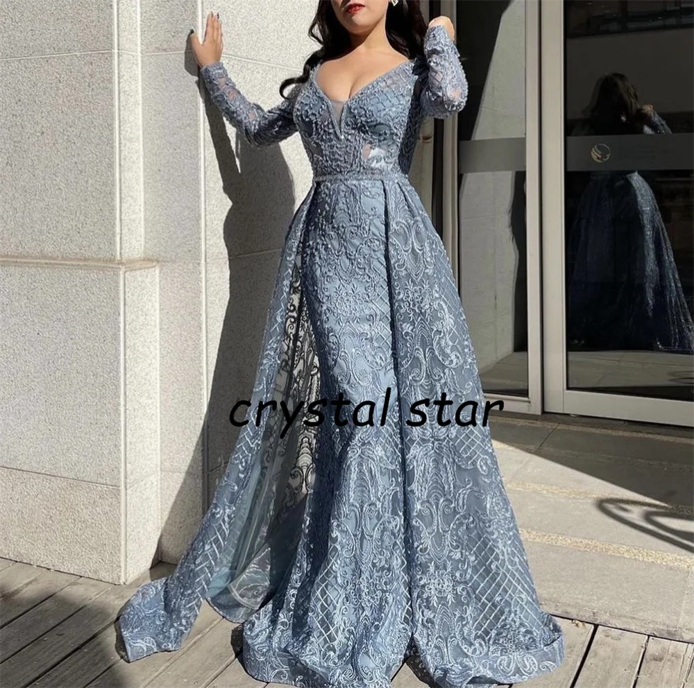 Dubai Elegant Beaded Muslim Blue Long Mermaid  With Train Luxury Evening Dresses Gowns for Woman  Party  Formal Dress HO1052