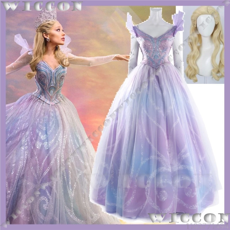 Glinda الأميرة فيلم الشريرة 2 تأثيري الساحرة زي الوردي الأرجواني فستان يتوهم فتاة امرأة البدلة شعر مستعار أشقر الدعامة حفلة الهالوين كوس