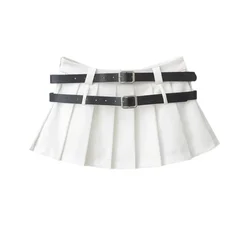 2024 Trend Mini Skirt Women Korean Vintage Y2K Pleated Skirt Summer Casual Japanese Preppy Style Solid Two Belts Short Skirts