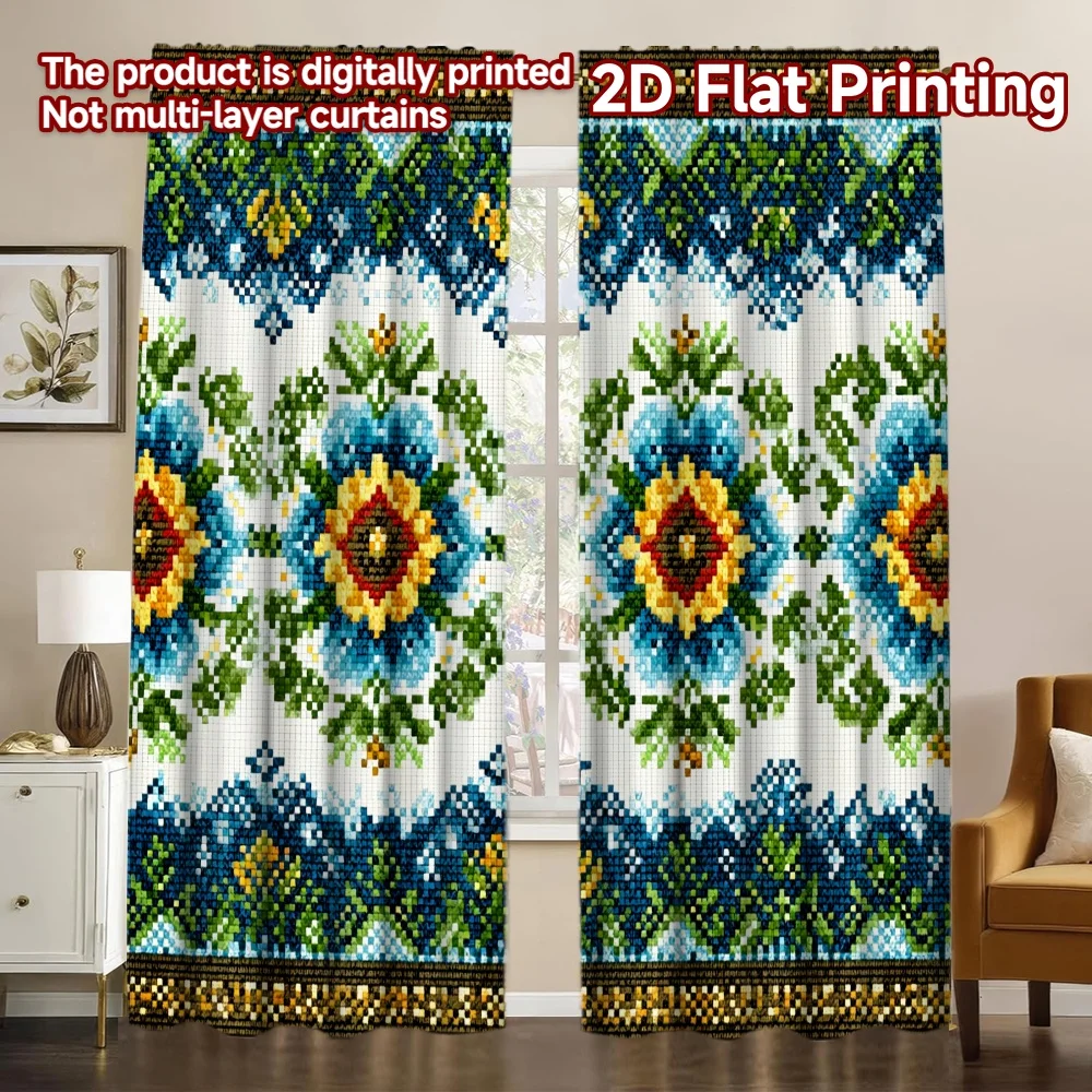 2D FLAT PRINTING 2pcs Curtains (Without Rod) Colorful Geometric Design Chic Curtains Yarn Curtains Blessing _ Peaceful Use for