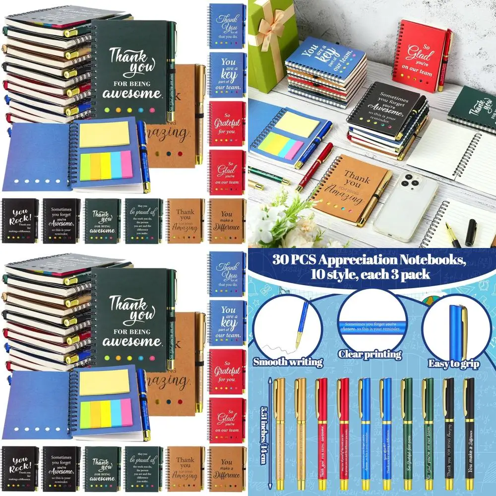 

30-Set Inspirational Leather Journals for Team: Bamboo Pens & Colored Tabs - Staff Appreciation Gifts