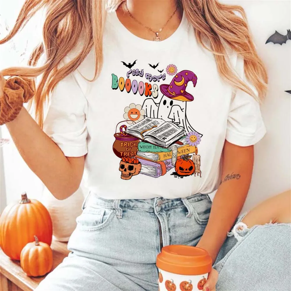 Read More Books Halloween Spooky Teacher Ghost Printed T-Shirt Clothing Printed Pattern Cartoon Women\'s Leisure Halloween T-Shir