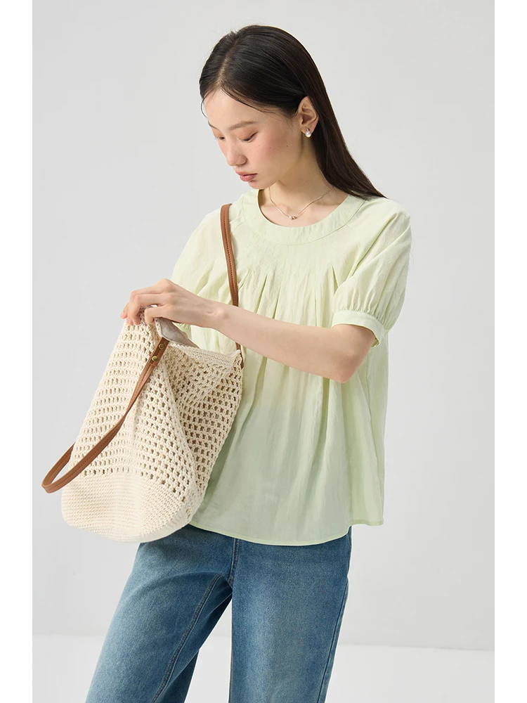 ZIQIAO Light Green Round Neck French Style Shirt For Women 2024 Summer New Versatile Casual Female Top 24ZQ92417