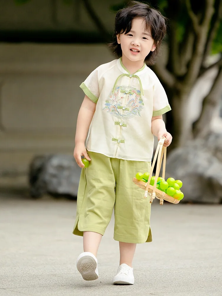 بدلة أطفال بأكمام قصيرة باللون الأزرق والأخضر ، زي تانغ الأصلي ، زي قديم ، صيفي ، جديد ،
