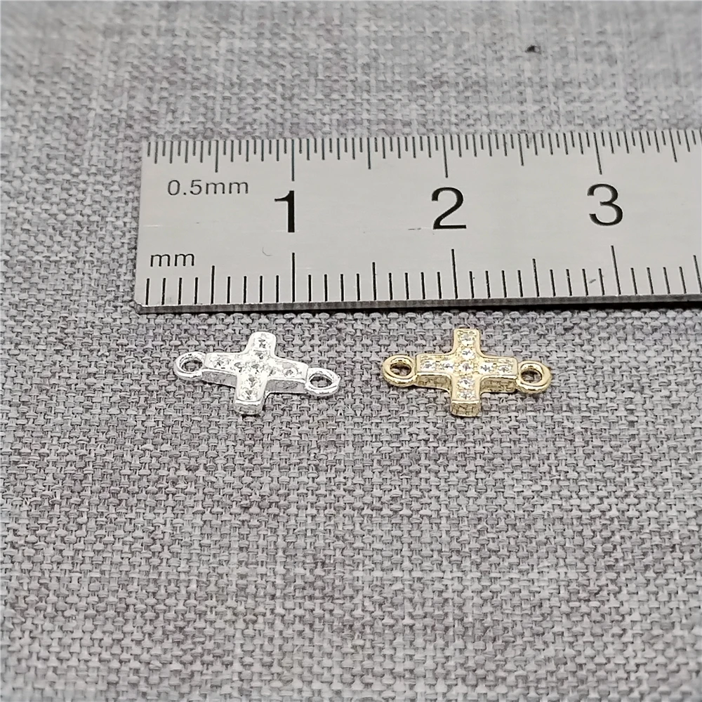 2 Sterling Silver CZ Double Loops Cross Charms 925 Silver Tiny Religious Connectors Links