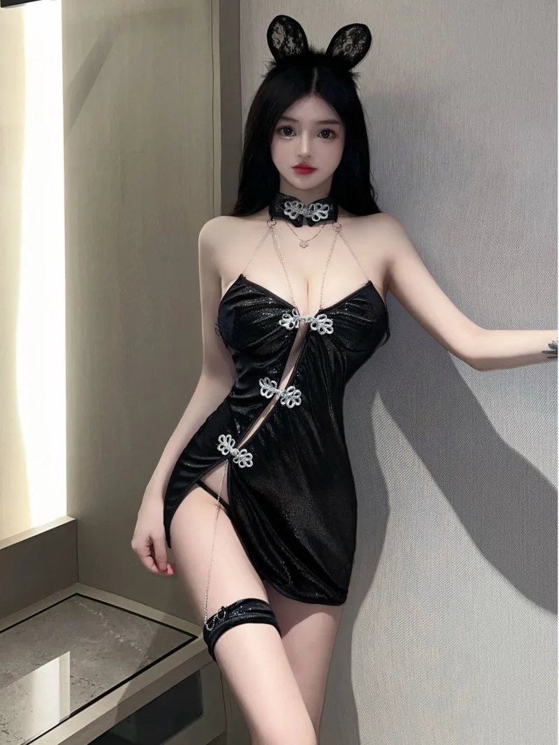 WOMENGAGA Gorgeous Cheongsam Sexy Chain Hanging Neck Hollowed Out For Women  Dress Elegant Exotic Mini Dress Korean Tops G7CL