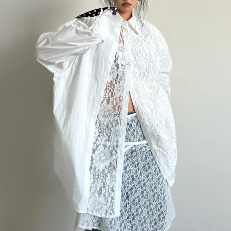 BJTZ Weiße Spitze Patchwork Gefälschte Zwei-stück Langarm Shirt Für Frauen Frühling Sommer 2025, Neue Designer Schwere Industrie lose Top