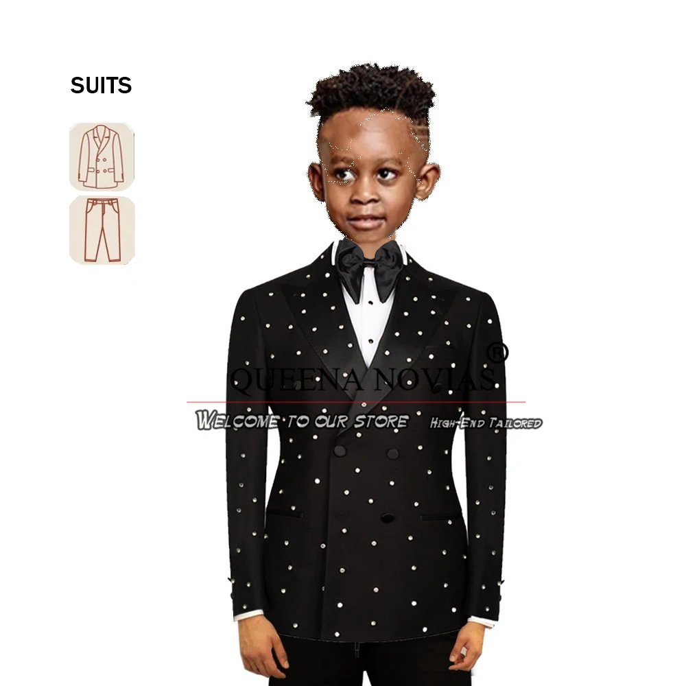 Handmade Sliver Beaded Boy Suits For Wedding Double Breasted Jacket Pants 2 Pieces Children Formal Party Kids Birthdays Tuxedos