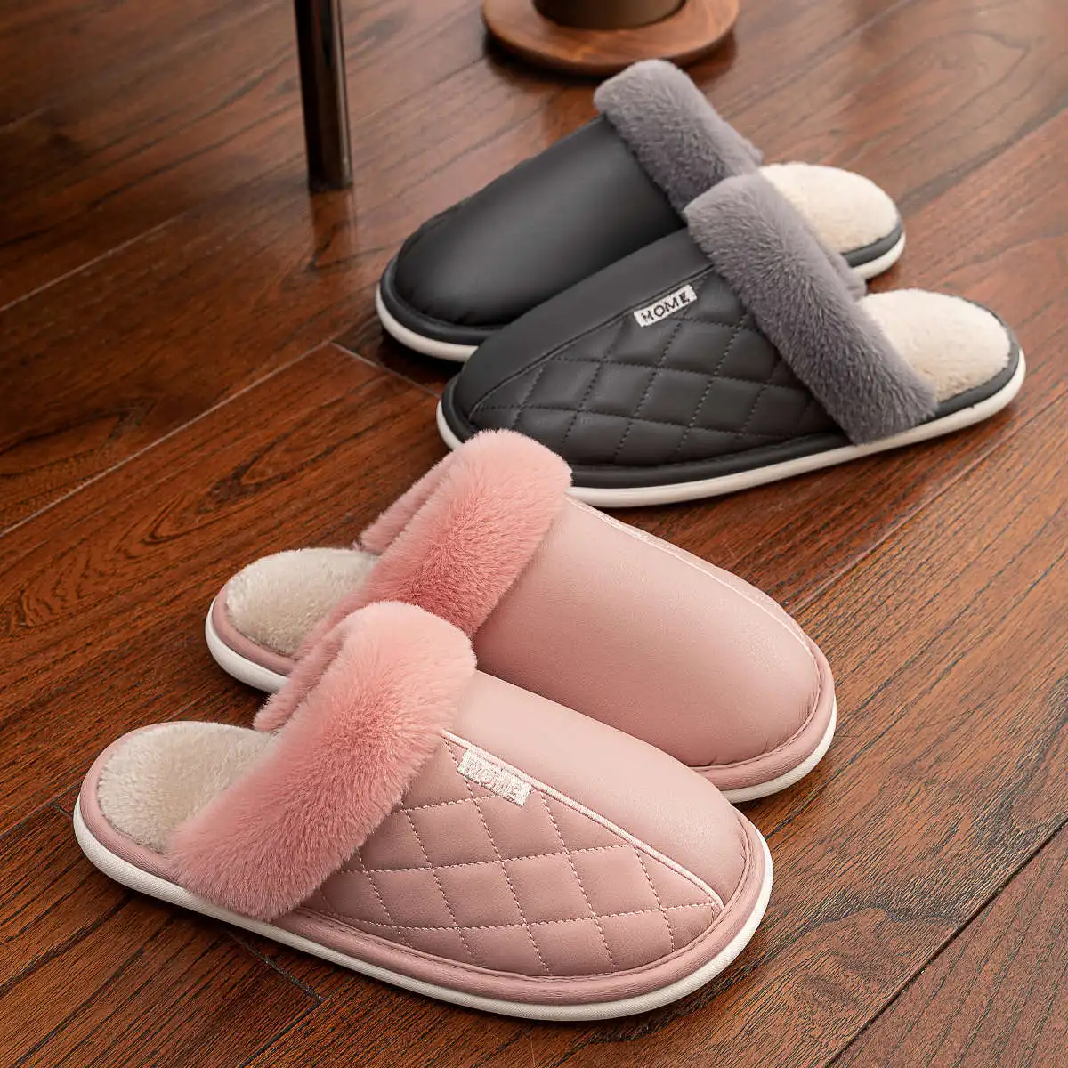 

Men's PU Leather Slippers Indoor Waterproof Women Home Furry Slides Couples Anti-Slip Flats Female Winter Slippers Cotton Shoes