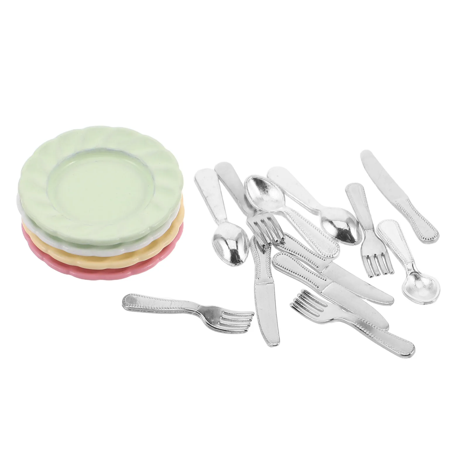 

4Sets Miniature Dollhouse Kitchen Accessories Realistic Alloy Tableware Set Mini Plates Forks Spoons Knives Dollhouse Dining