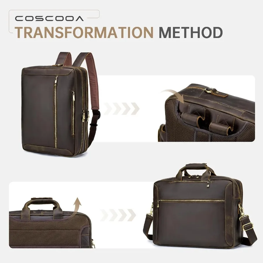 حقيبة ظهر كبيرة من الجلد المحبب بالكامل قابلة للتحويل للرجال حقيبة سفر للأعمال حقيبة ساعي تناسب كمبيوتر محمول مقاس 17.3 بوصة #4