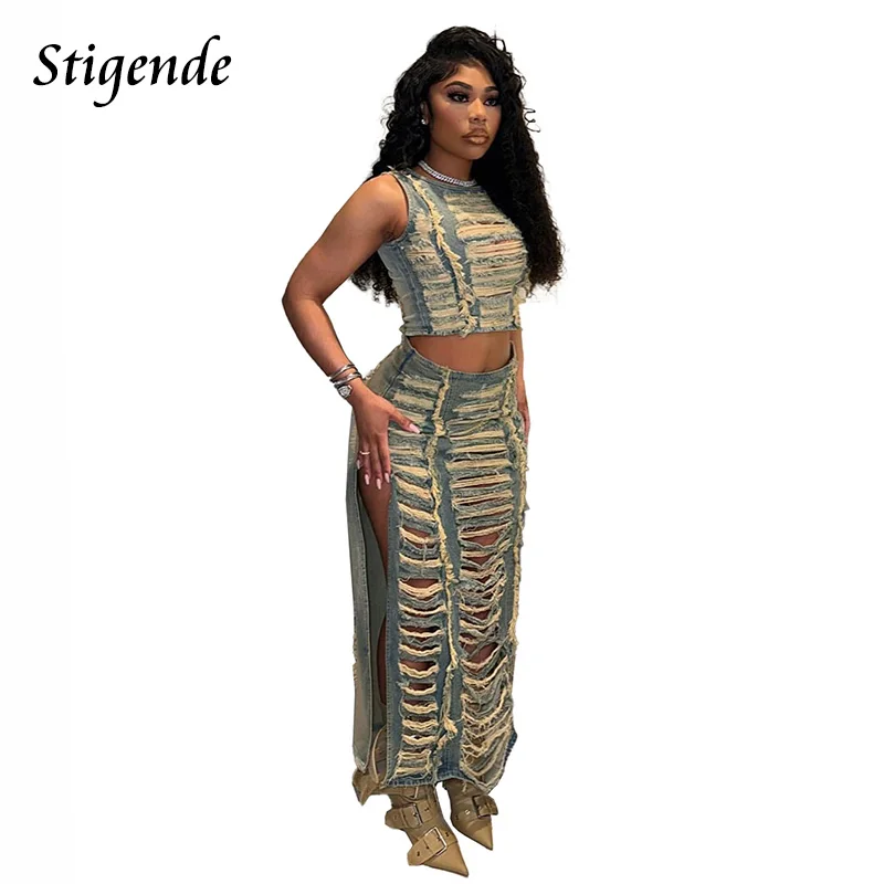 Stigende Denim Ripped Hole Two Piece Set Women Sexy Hollow Out Streetwear Outfit Shredded Crop Top and High Split Long Skirt