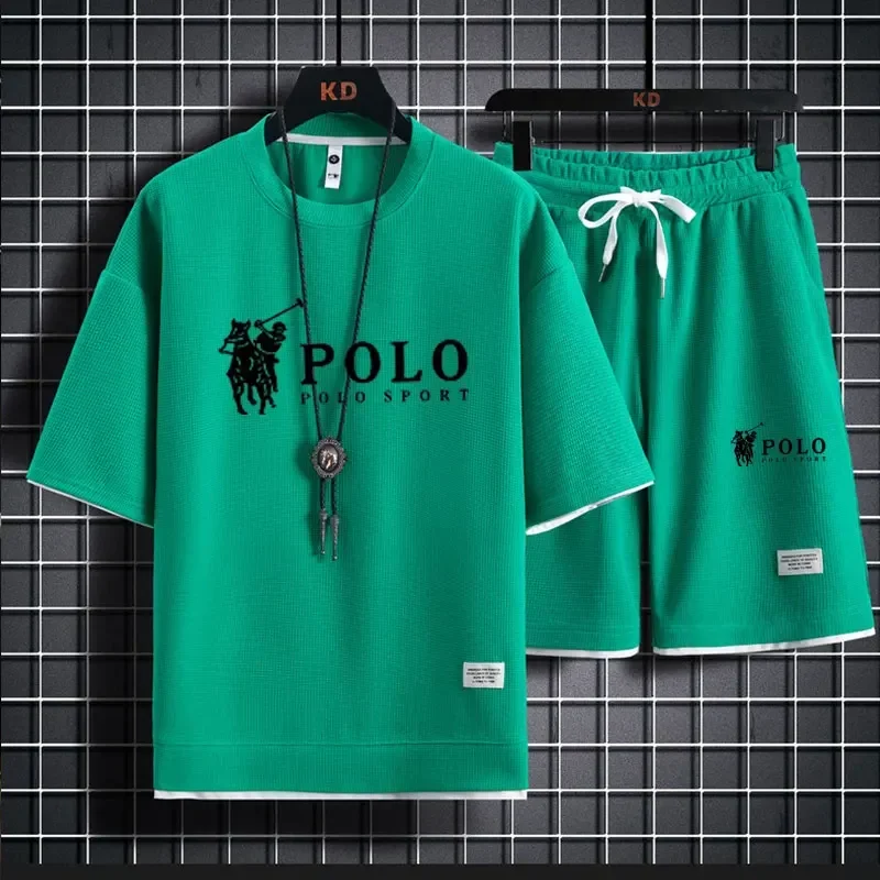 

Men's Short-sleeved T-shirt + Sports Shorts Two-piece Summer Fashion Breathable Fitness Casual Jogging Set.