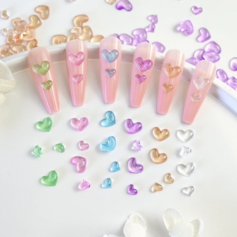 100PCS Resin Heart Nail Art Charms Kawaii Clear Glittery Heart Nail Art Decorations Crafts Valentine's Day DIY Manicure Jewelrys