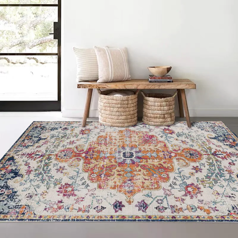 

VIKAMA Ethnic-Style Living Room Carpet, Washable, Retro Country American-Style Faux Cashmere Washable Back Home Decoration