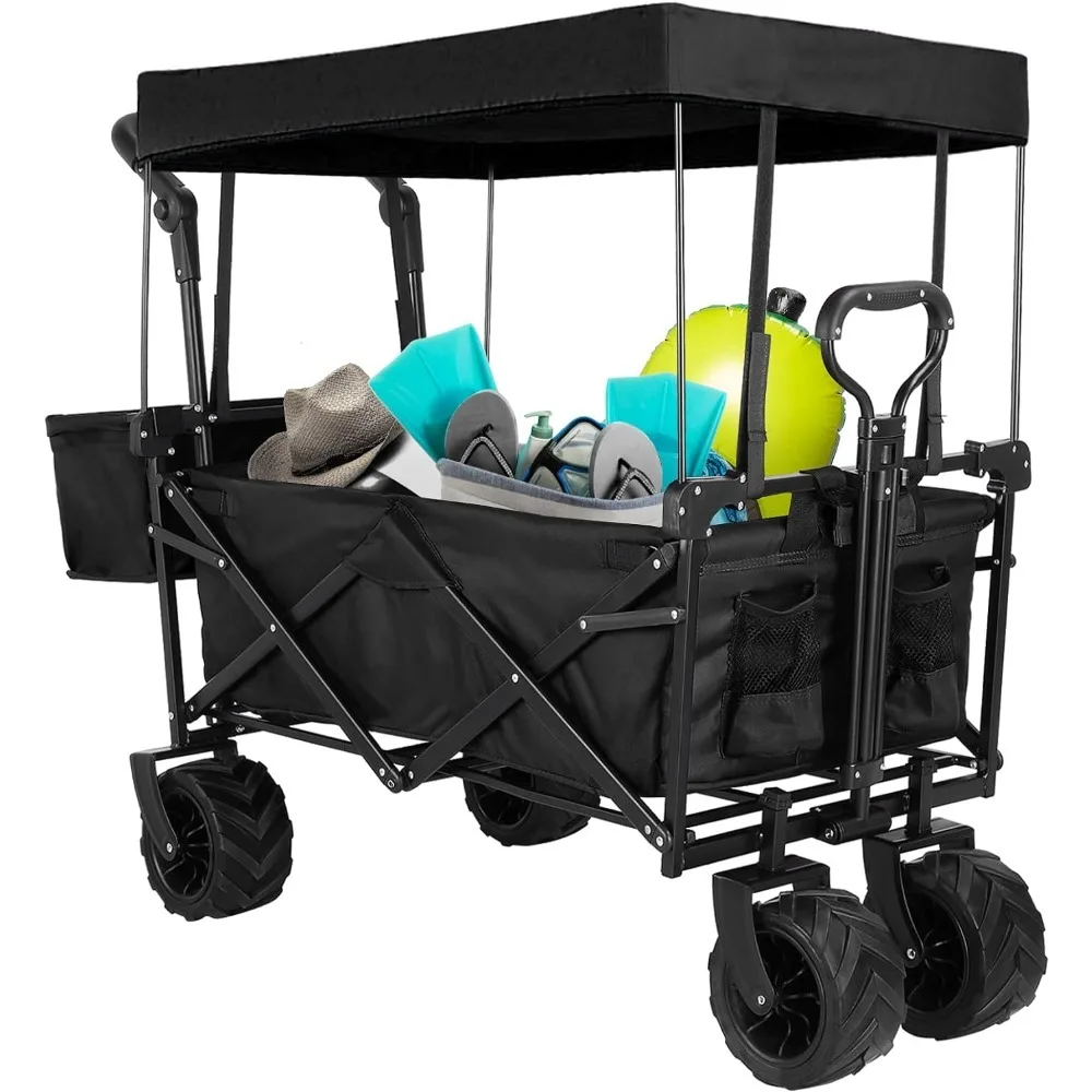 Garden Carts, Extra Large Collapsible Wagon W/Removable Canopy, 250lbs Foldable Garden Cart W/Rear Storage, Garden Carts