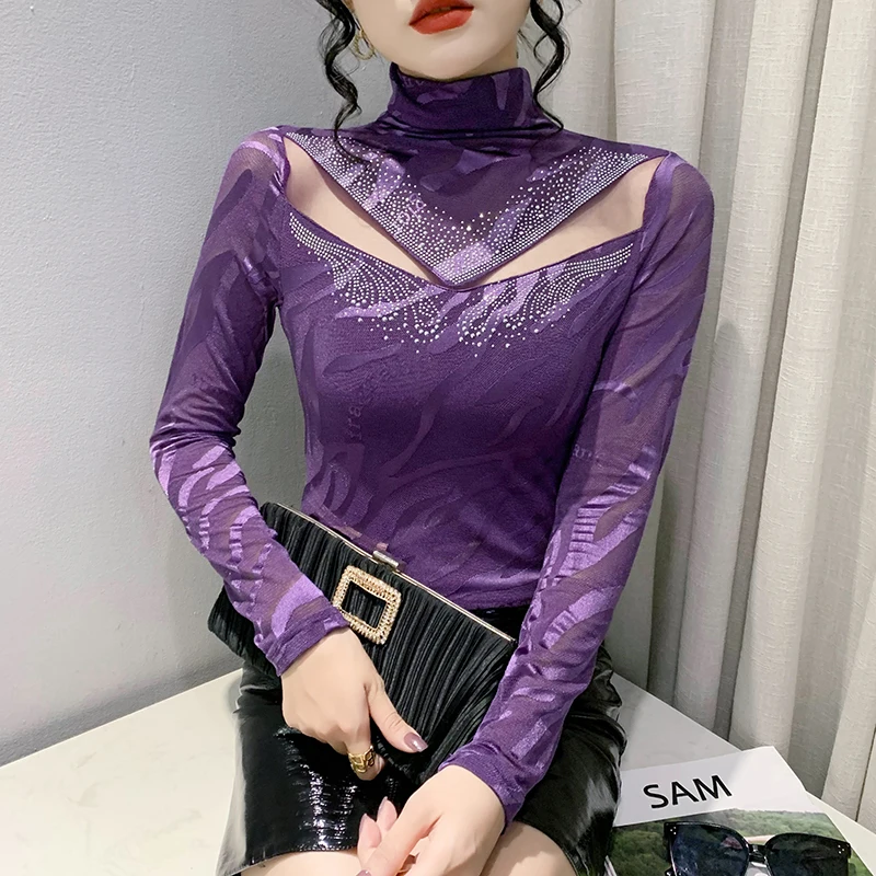 Autumn Winter New Mesh T shirt Fashion V-Neck Diamond Shirt Slim Fit Half High Collar Long Sleeve Women Tops