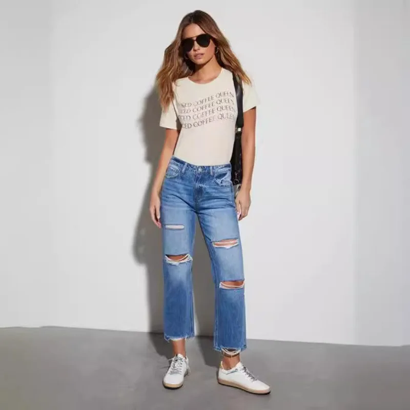 

2025 Street Style Destroyed Jeans Women | Raw Hem Cotton Blend High Waist | Spring Summer Slimming Straight Ankle Jeans Blue