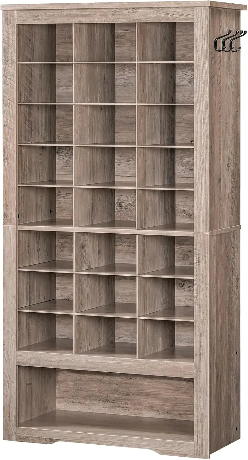 

Tall Shoe Cabinet, 9 Tier Shoe Storage Cabinet, Freestanding Wooden Shoe Cabinet Organizer with 24 Cubbies and 3 Hooks