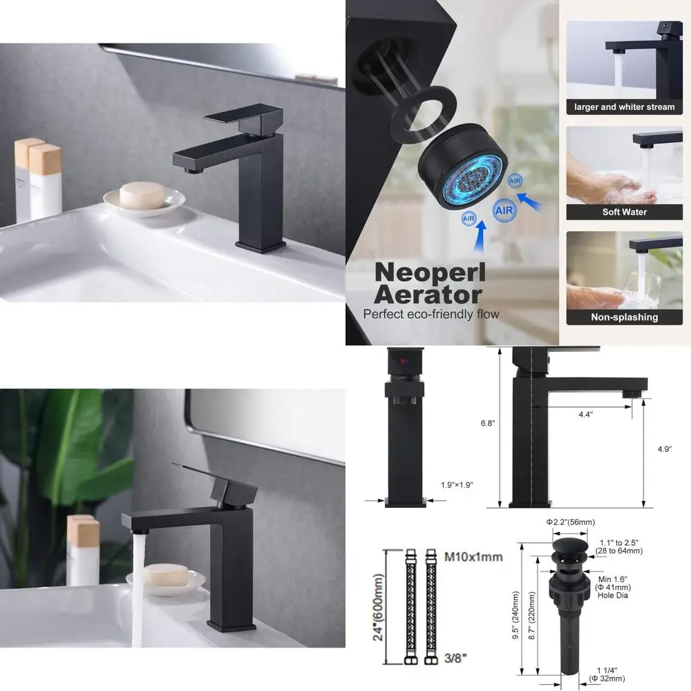 

Modern Matte Black Single Hole Faucet with Pop-Up Drain and cUPC Supply Lines for Bathroom Sink